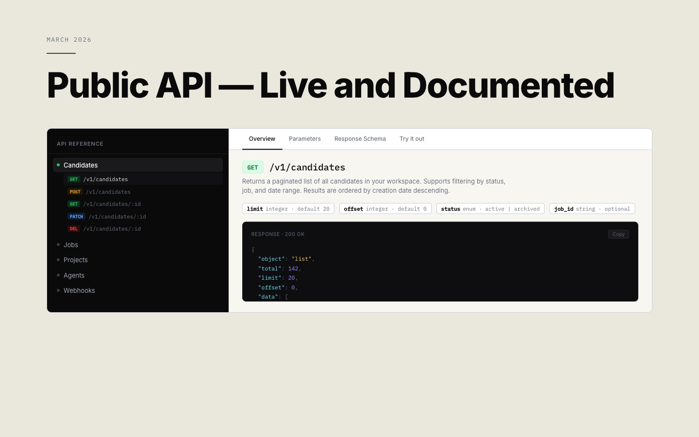 Public API, live and documented