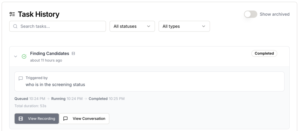 Amp audit trail: task history showing who triggered each AI Teammate action, when it ran, and how long it took